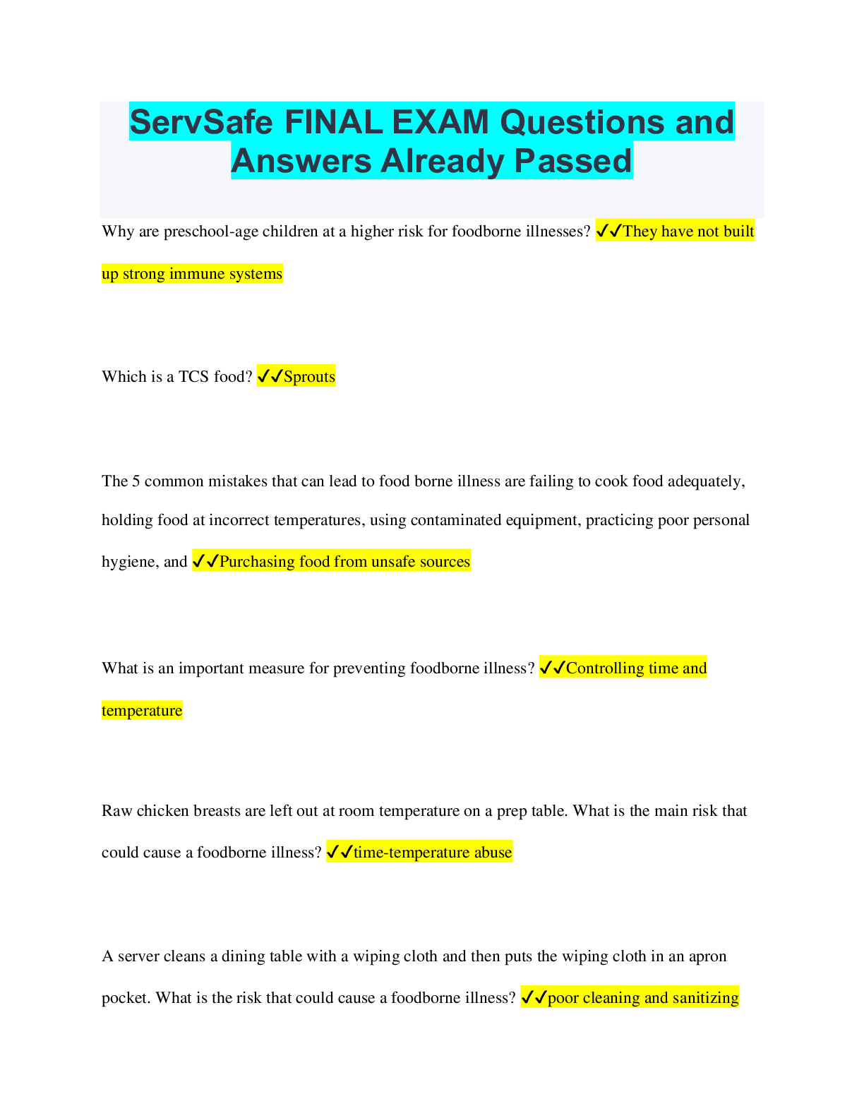 ServSafe FINAL EXAM Questions and Answers Already Passed - Browsegrades